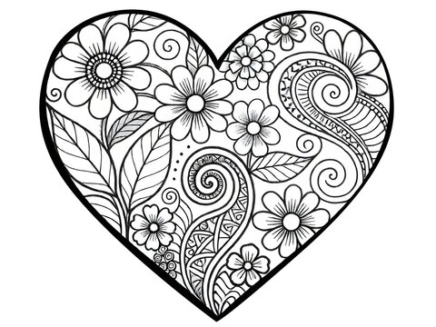 Heart-shaped zentangle coloring page filled with flowers, leaves, spirals, paisley motifs, and geometric doodles