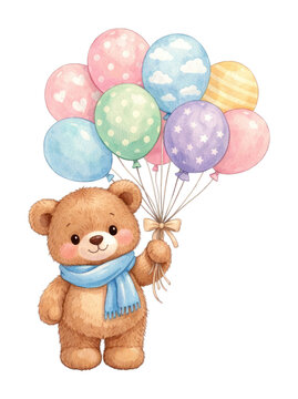 PNG Cute teddy bear holding colorful balloons illustration.