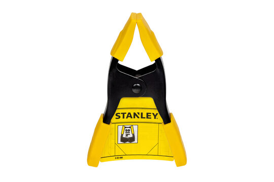 Stanley clamp tool with yellow details for various holding tasks indoors or outdoors. Isolated on white background. 08.07.26. Kyiv. Ukraine.