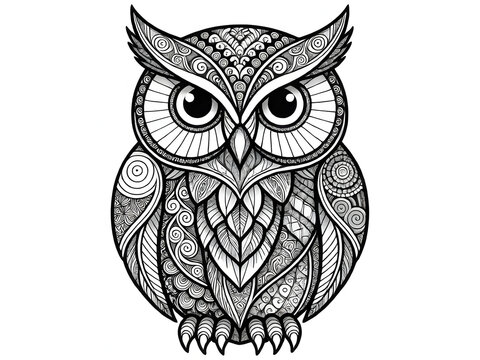 owl composed entirely of zentangle patterns including feathers, spirals, mandalas, and geometric textures, black outline coloring page