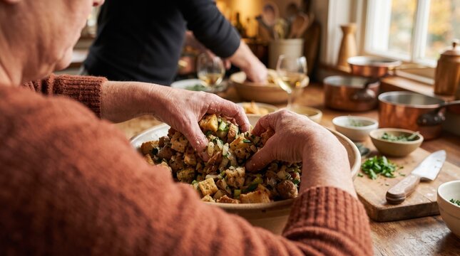 Hands mixing stuffing in a rustic kitchen during thanksgiving preparations with warm lighting
