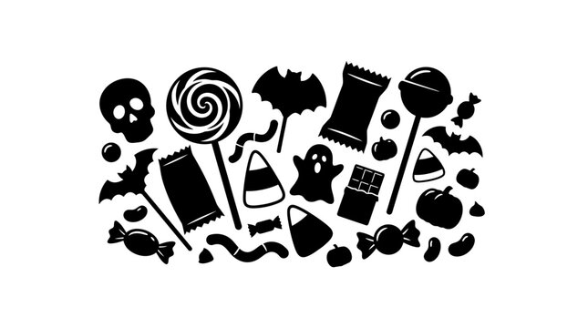 Halloween Halloween candy silhouettes collection, spooky trick or treat sweets vector set, black holiday snacks and dessert icons for party decor vector
