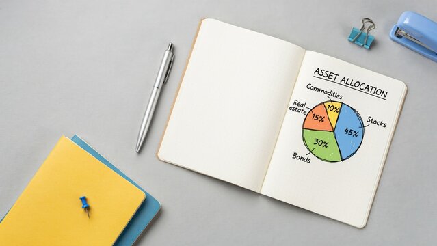 Open notebook with hand-drawn asset allocation pie chart on grey desk
