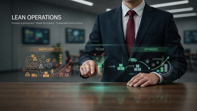 Businessman Showing Lean Operations Process Improvement And Waste Elimination Dashboard