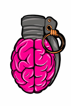Pink Human Brain Inside Military Grenade Pin Explosive Thoughts Concept Art