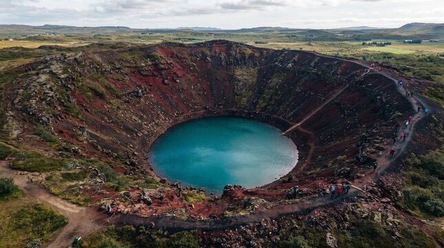 Aerial view of Kerid crater, a volcanic caldera with steep reddish-brown slopes and a deep turquoise blue lake at its center, surrounded by the dramatic landscape of Iceland's Golden Circle