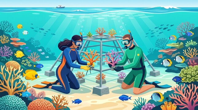 Two scuba divers planting coral on an underwater frame to restore a damaged reef.