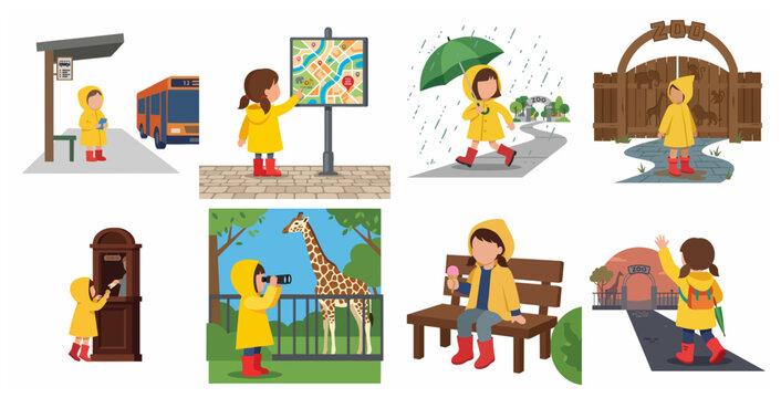 Little girl in a yellow raincoat visiting the zoo collection of flat vector illustrations