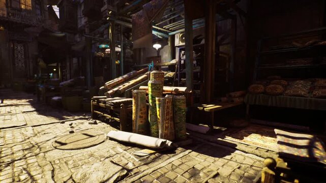 Sunlit egypt bazaar alley stone steps and stalls lined with brassware and pottery, warm golden light casting long shadows, textured cobblestone, narrow passage,