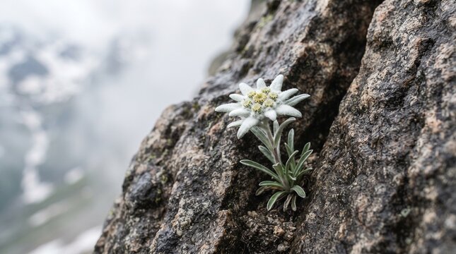 Iconic Edelweiss flower growing robustly from a textured mountain rock face, beautifully contrasted against a soft-focus, misty Alpine background, embodying resilience and rare beauty.