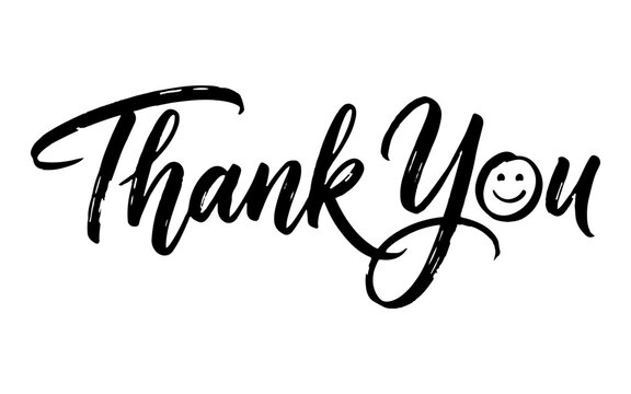 Black handwritten thank you calligraphy lettering with a cute happy smiley face icon on white background