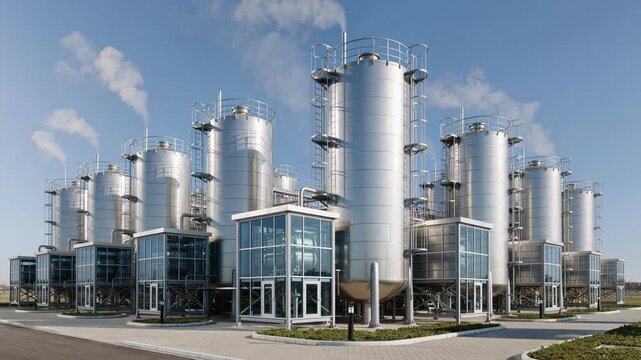 Modern industrial plant with stainless steel silos and storage tanks emitting steam against a blue sky, showcasing advanced manufacturing and chemical production technology