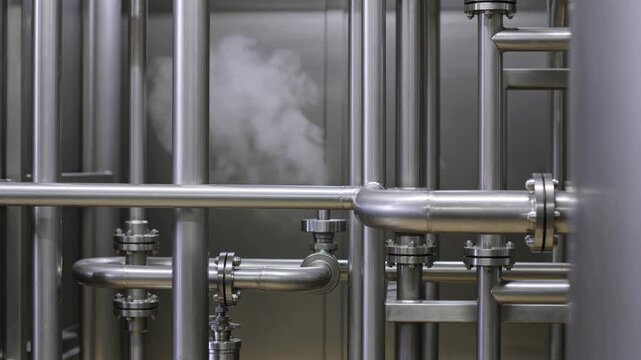 Industrial stainless steel pipes releasing steam in a modern brewery or food production facility, showcasing manufacturing equipment and industrial processes for quality control