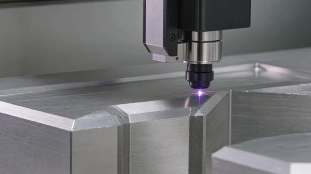 Precision laser engraving machine marking and cutting an aluminum metal part in a modern industrial factory, showcasing advanced automated manufacturing technology