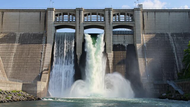 Ocoee dam number one releasing powerful gushing water through its spillway gates, generating hydroelectric power and showing renewable energy production