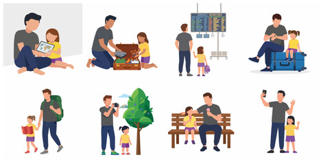 Father and daughter traveling together flat vector illustration set, dad and little girl on summer vacation trip, family travel concept