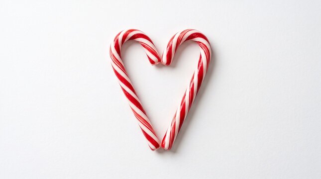 
Two realistic candy canes forming a heart shape, isolated on white background, festive holiday concept, soft natural shadow, premium food photography, ultra detailed.