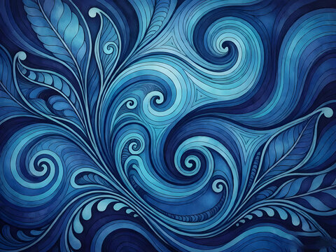 zentangle illustration inspired by flowing river currents and elegant spiral lines, detailed ink drawing, gradient blend of navy blue, sapphire, and electric cyan