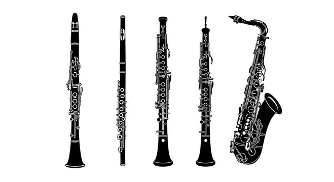 Black and white illustration of various musical woodwind instruments with illustration five different collection saxophone clarinet drawing with graphic