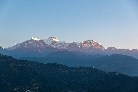 Panoramic View of Snow Capped Himalayan Mountain Range at Sunrise