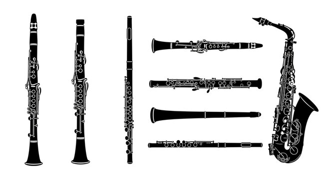 Collection of black and white woodwind musical instruments with illustrations various woodwind instruments with set black saxophone