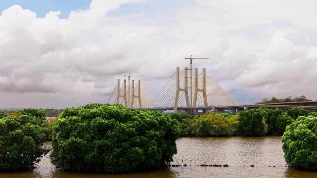Cable stayed bridge beyond mangroves on a river estuary - July, 2026, Goa, India