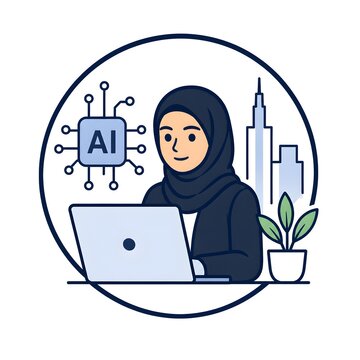 Arab Woman Working with Artificial Intelligence on Laptop in Modern Smart City Office &ndash; Flat Vector Illustration