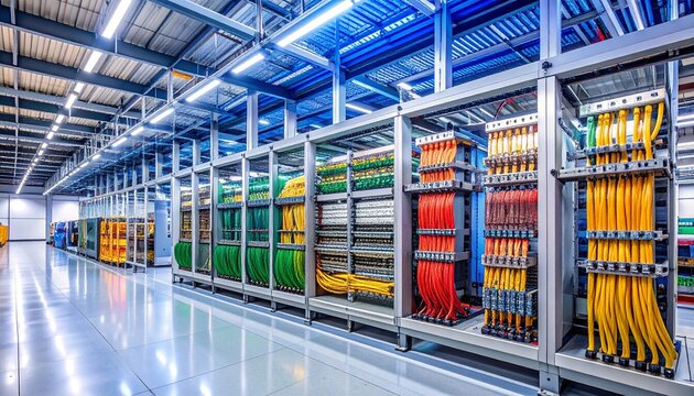 Modern industrial control room with organized cable management