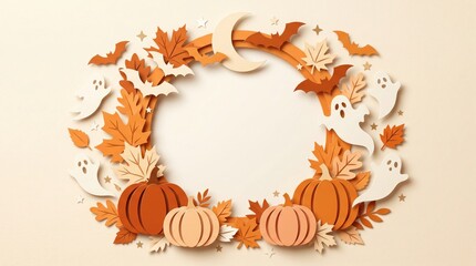 Fototapeta premium A beautiful festive wreath made of pumpkins and autumn leaves to celebrate a happy halloween season with a central copy space area