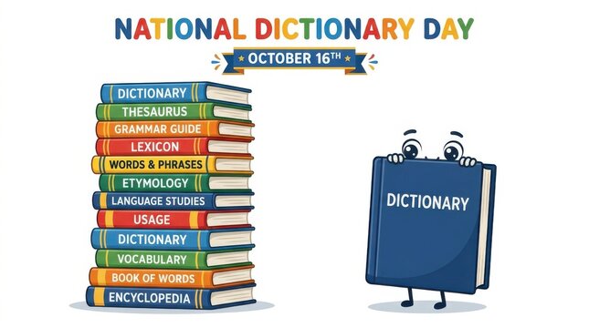A stack of colorful reference books and a cartoon dictionary character on transparent background materials lexicon vocabulary thesaurus grammar etymology language linguistics