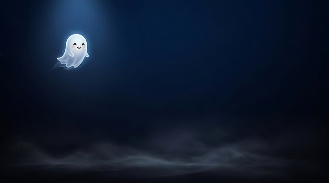 A spooky halloween night scene featuring a cute ghost floating in the darkness with a moonlit sky perfect for digital backgrounds and festive decorations