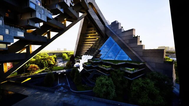 Sunlit brutalist atrium with cascading fountain, concrete terraces carving deep shadows, glass pyramid catching golden light, landscaped beds framing central