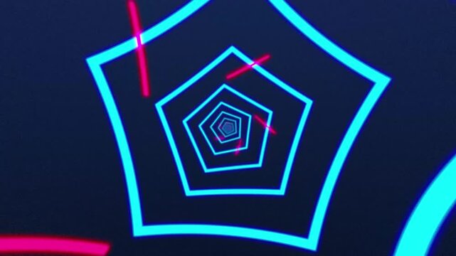 Abstract futuristic neon pentagon tunnel animation with glowing cyan geometric shapes and red light streaks loop background for 80s retro cyber technology