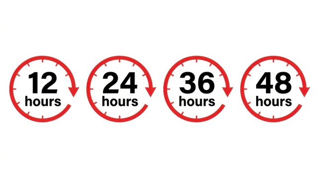 Four circular clock faces displaying twelve twenty four thirty six and forty eight hours on transparent background face time display hour indicator