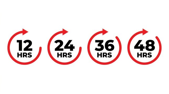 Four circular time duration icons with hour markings featuring a clockwise arrow on transparent background clock icon indicator measurement twelve hours twenty-four