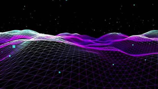 Dynamic Flowing Digital Terrain Visualization: Futuristic Network Grid Landscape in a Dark Virtual Realm Abstract Illustration
