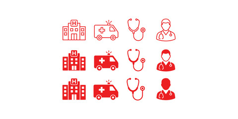 Set of twelve red medical icons showcasing hospital buildings ambulance vehicles stethoscopes and doctor symbols in line solid styles. © Png World Collection