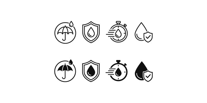 Waterproof and weather protection icon set for umbrella shield and timer symbols on transparent background for product features use.