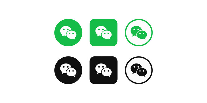 Set of social media messaging app icons featuring wechat logo in various shapes and colors including green black and white circle square.