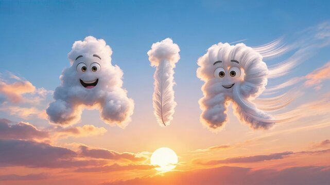 Cloud Characters Spell Air: Three whimsical cloud characters, each with a smiling face, form the word Air against a backdrop of a colorful sunrise and fluffy clouds.