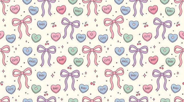 Pastel candy heart and ribbon bow seamless pattern