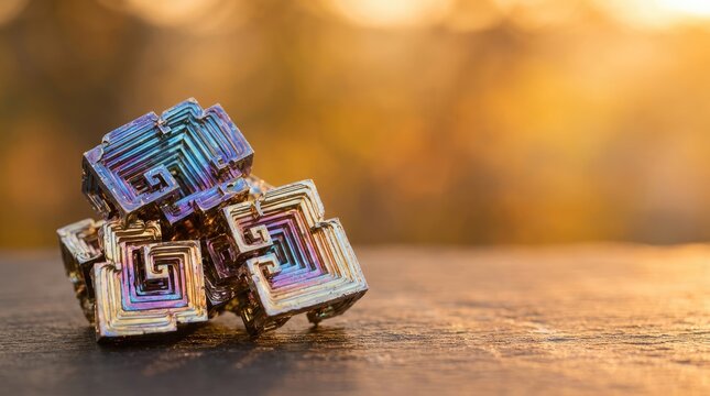 Beautiful rainbow bismuth crystal with a geometric hopper structure on a stone surface.