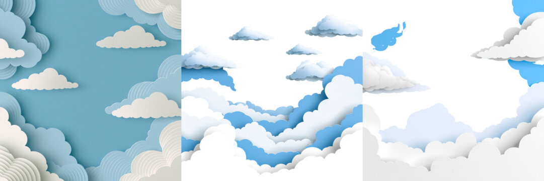 Set of Decorative paper cut cloud floating in a clear blue sky with a flock of white birds, minimalist flat vector illustration, smooth layered paper on transparent png background. Ai generated