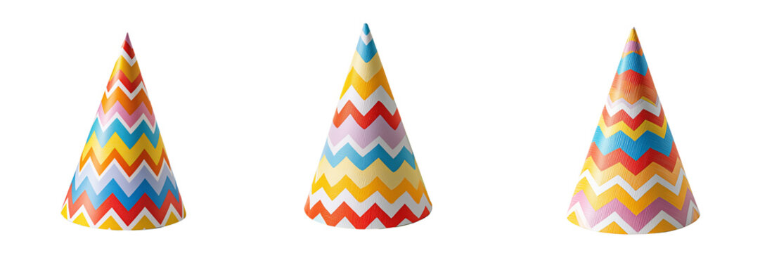 Set of Collection of stylish party hats arranged neatly with different festive colors and patterns on transparent png background. Ai generated