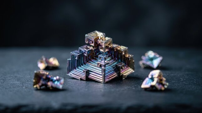 Iridescent Bismuth Crystal Clusters on Dark Slate Surface