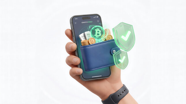 Digital crypto wallet on smartphone screen, secure bitcoin transaction with 3D icons, mobile financial app for cryptocurrency storage
