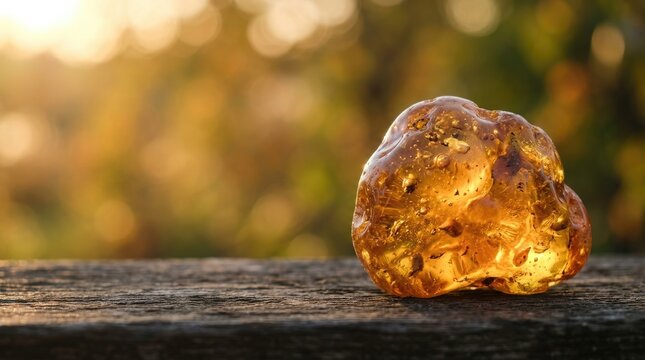 Amber Resin Gemstone with Inclusions on Wooden Surface, Golden Bokeh Background