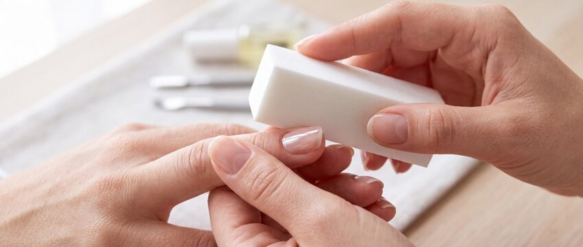 Manicured fingernails receiving cuticle treatment from nail technician using white buffer block on wooden salon table with metal tools