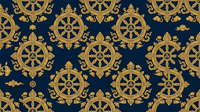 Golden dharma wheel pattern on a dark blue background
