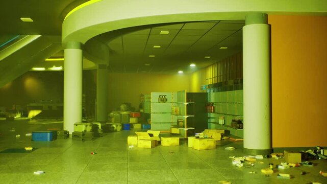 Green emergency lit abandoned retail floor strewn with boxes and collapsed shelving, hazy fluorescent glow bathing cluttered aisles, salvage activity hinted